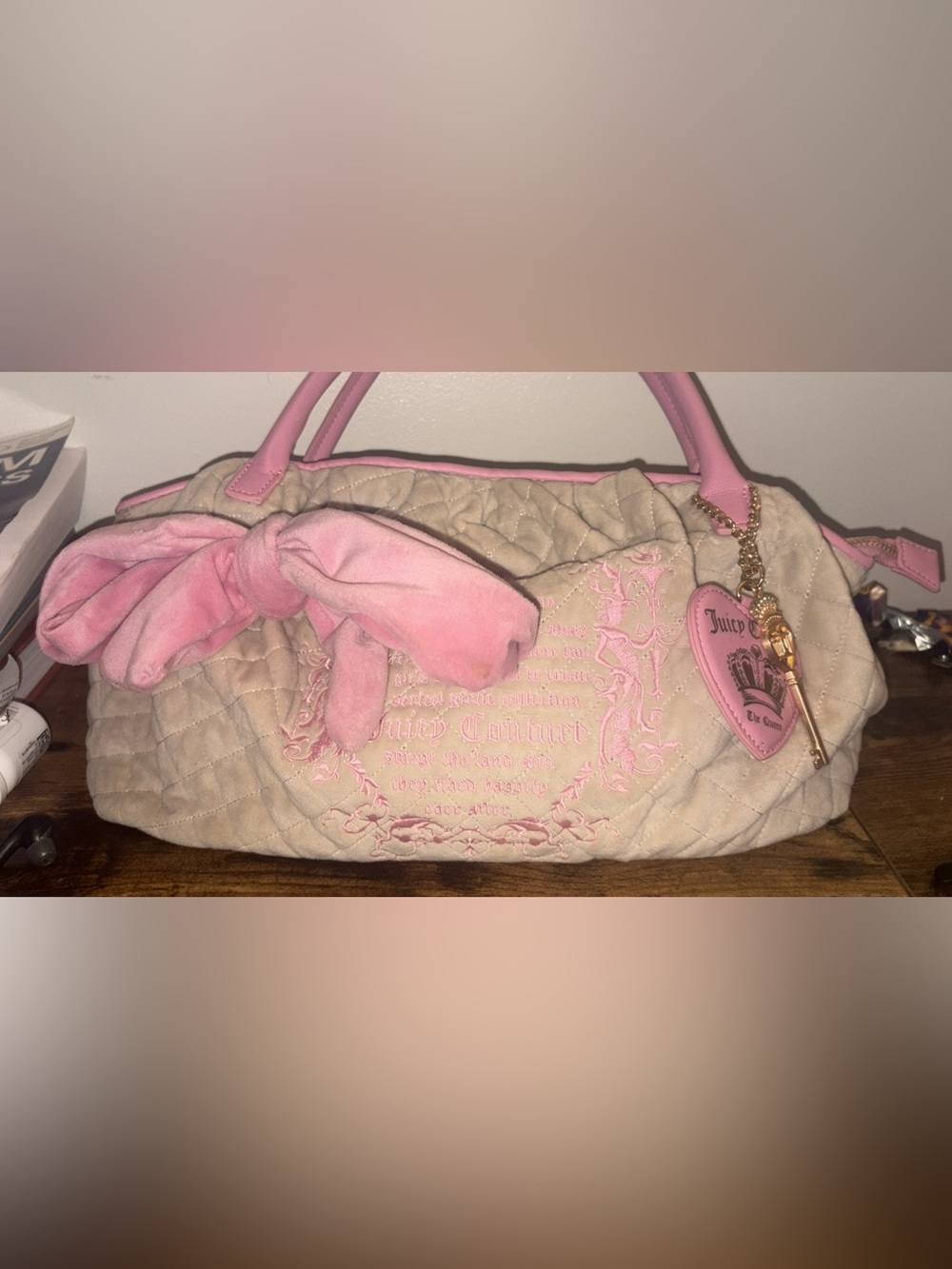 Juicy Couture Pink and Cream Quilted Velour Tote with Bow Detail